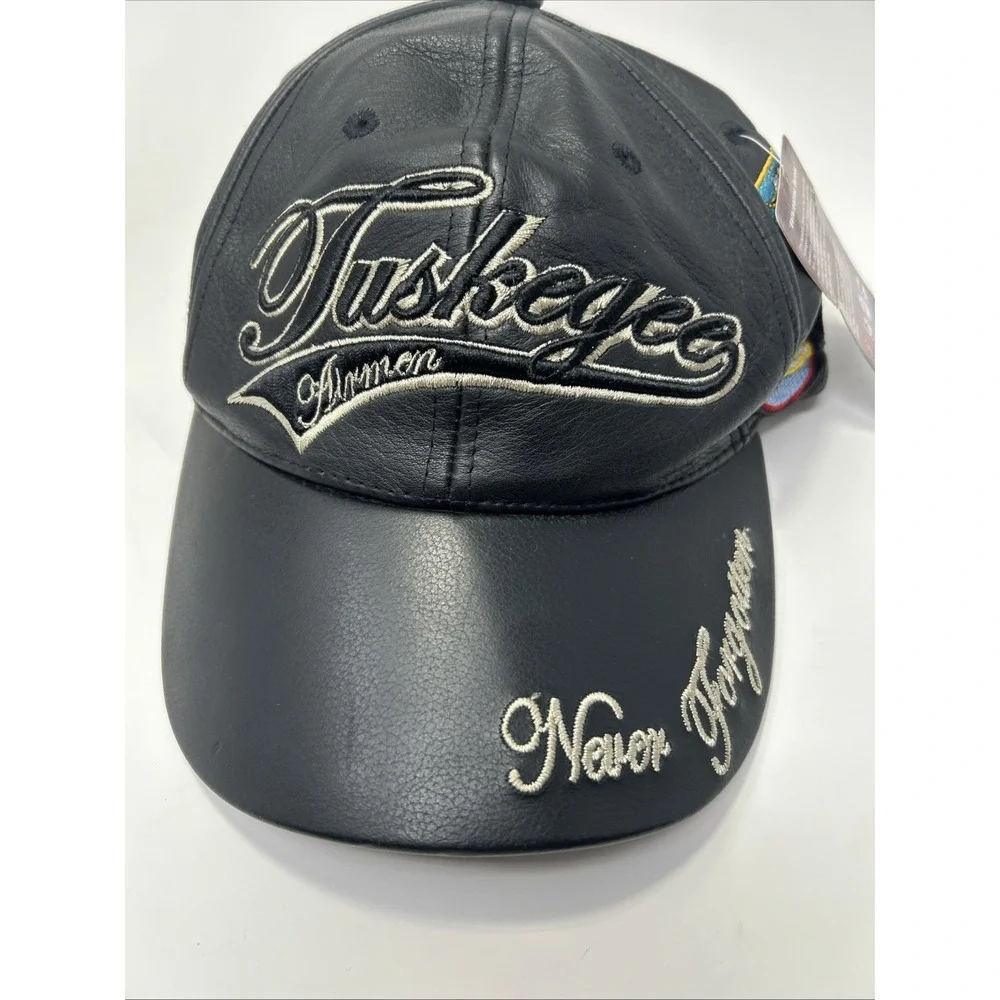 VTG Tuskegee Airman Leather Baseball Cap‎ Hat Black Never Forgotten 1941 Patches